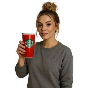 11 oz Ceramic Red Starbucks Travel Mug Cup Tumbler '17 Hot Cold Coffee Tea Cocoa